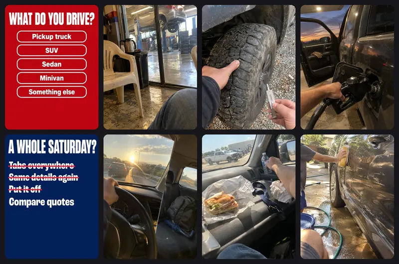 Four ad images from a real Test Factory run for auto insurance: a 'What do you drive?' tap card and phone-style photos of a tyre shop, a tyre check and a gas pump
